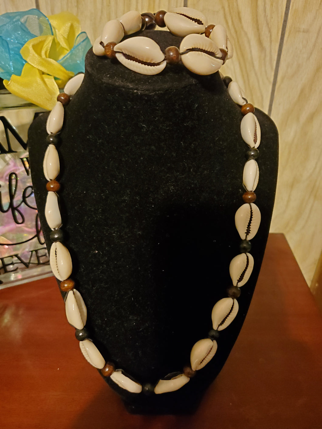 Shell and Brown Bead Necklace with Bracelet.